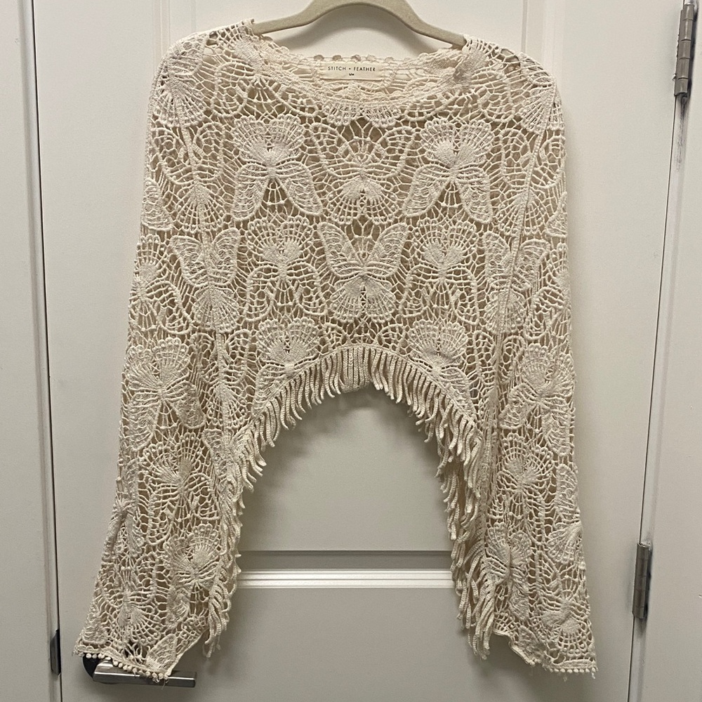 Stitch + Feather Crochet Fringe Poncho